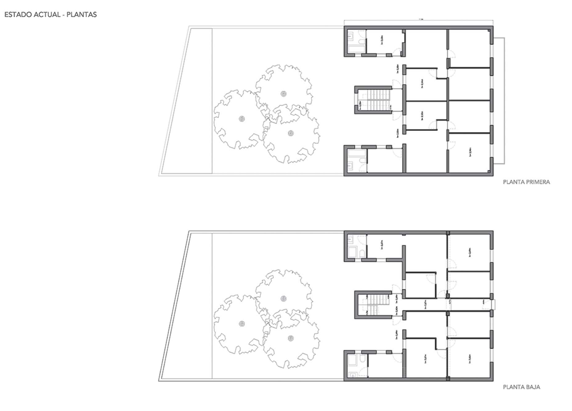 Planos del estado original de planta baja y planta primera antes de convertir el edificio en vivienda unifamiliar