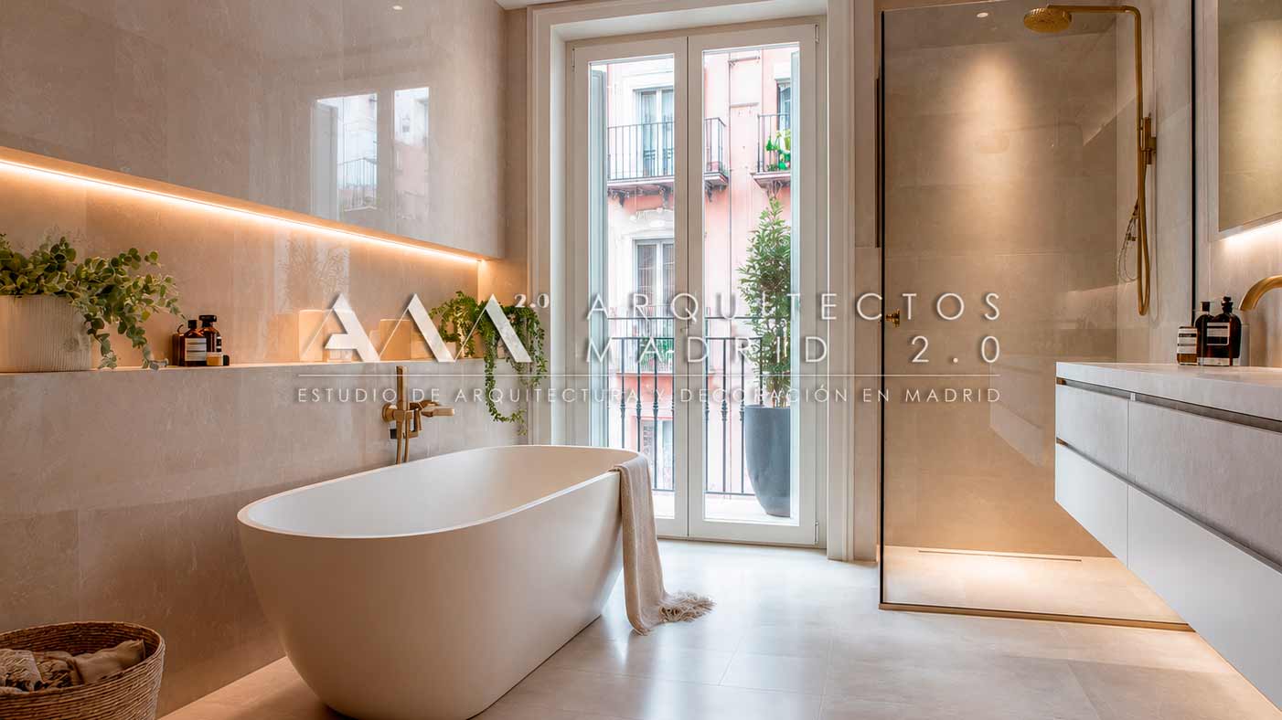 Baño reformado con interiorismo elegante, carpinterías y revestimientos de alta calidad