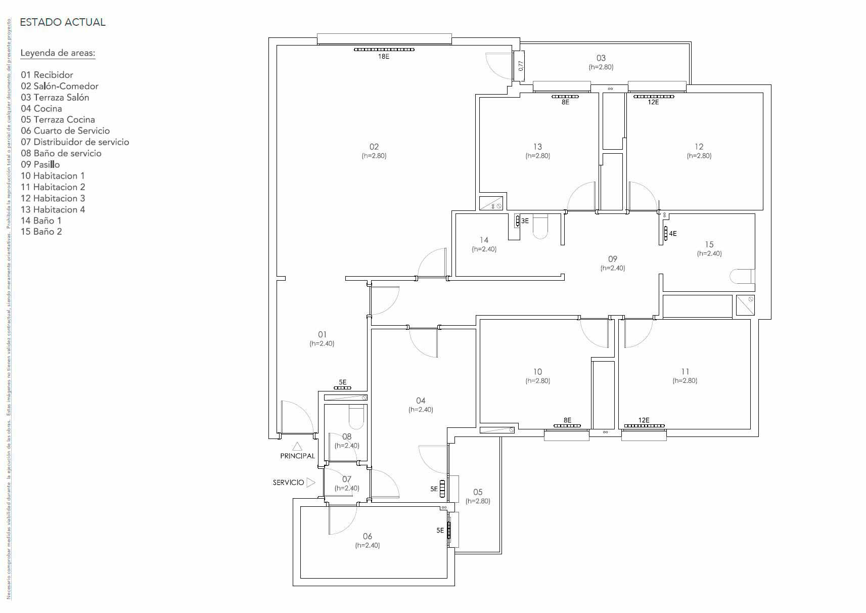 Plano del estado original de la vivienda de 150 m² en la calle Fuencarral antes de la reforma