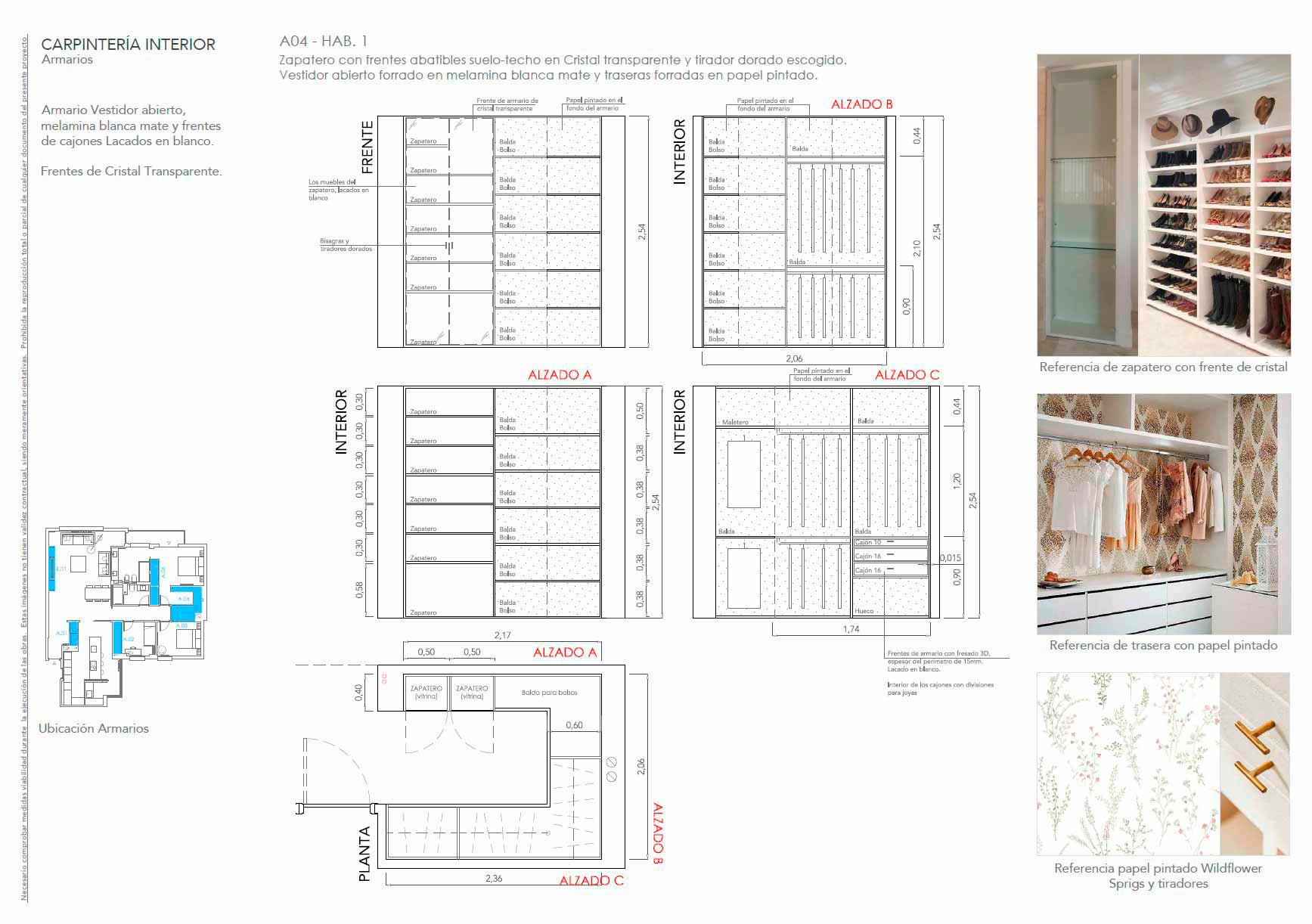 Plano de carpintería interior con distribución de armarios y vestidor diseñados para la reforma integral de Fuencarral