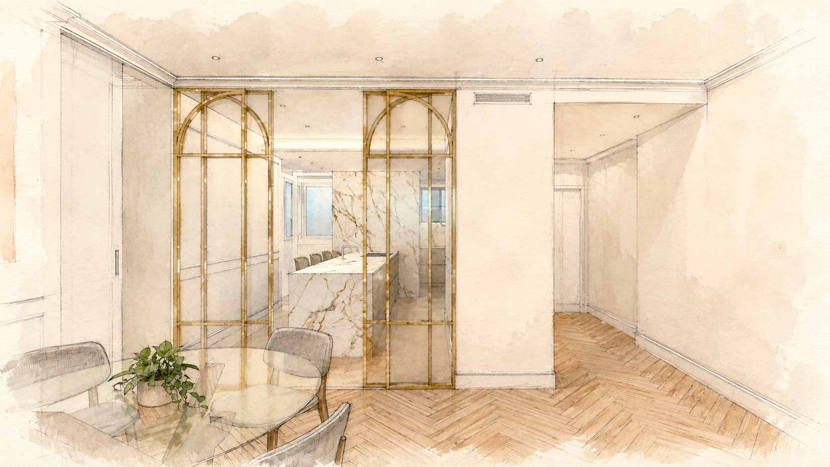 Acuarela del proyecto de interiorismo con cristalera entre comedor y cocina para la reforma de una vivienda en Fuencarral, Chamberí