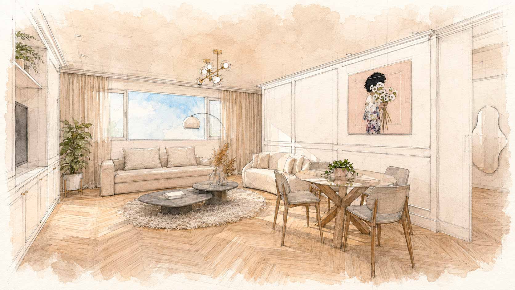 Acuarela del proyecto de interiorismo del salón comedor de Fuencarral con parquet en espiga, molduras y luz natural