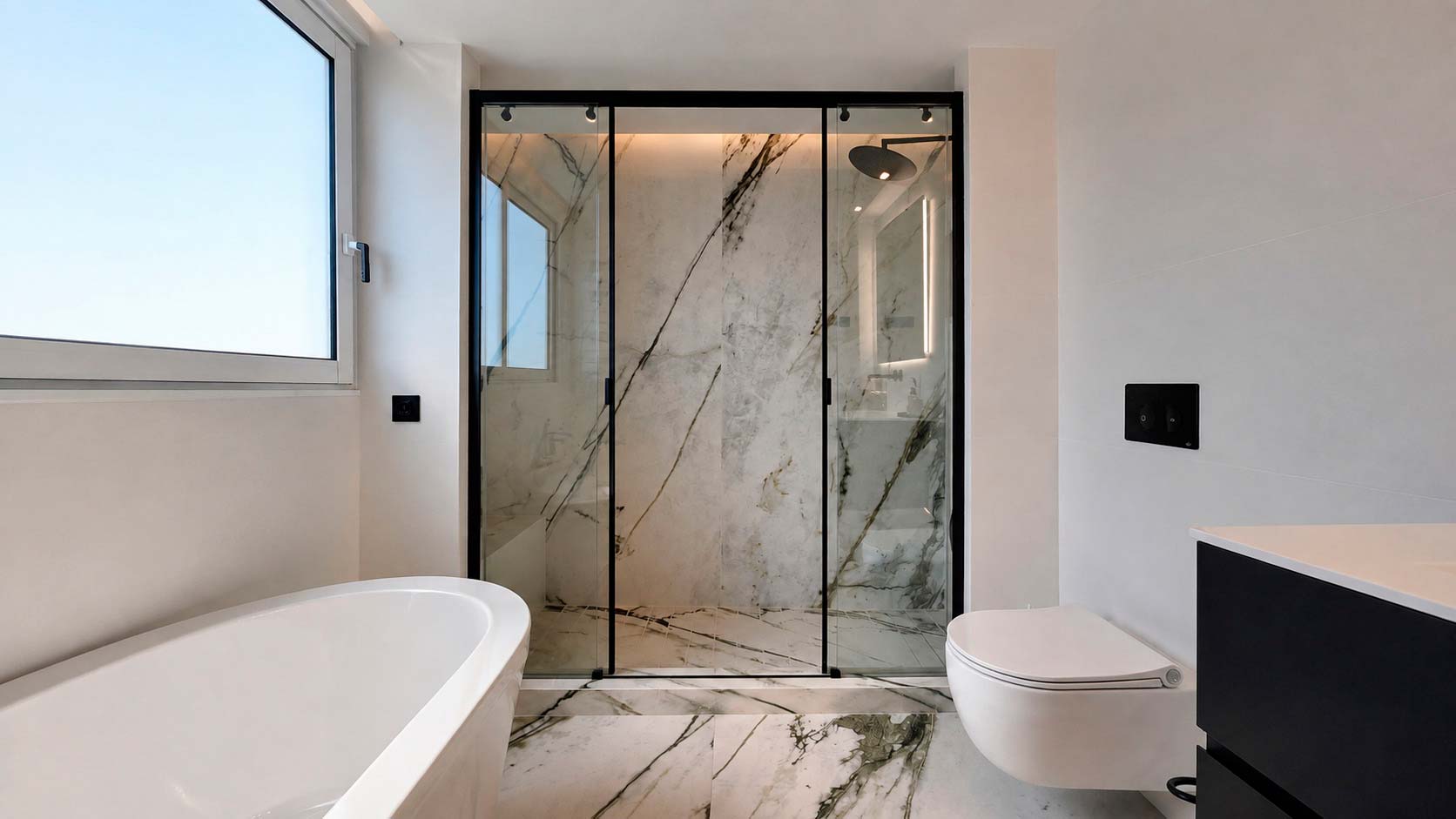 Baño de la suite con bañera exenta y gran ducha revestida en piedra veteada en ático dúplex de calle Orense, Madrid