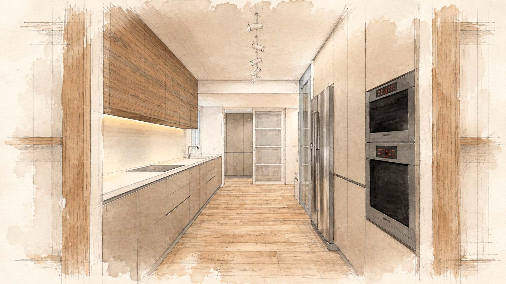 Proyecto de interiorismo de cocina longitudinal en reforma integral del ático dúplex de calle Orense, Tetuán, Madrid