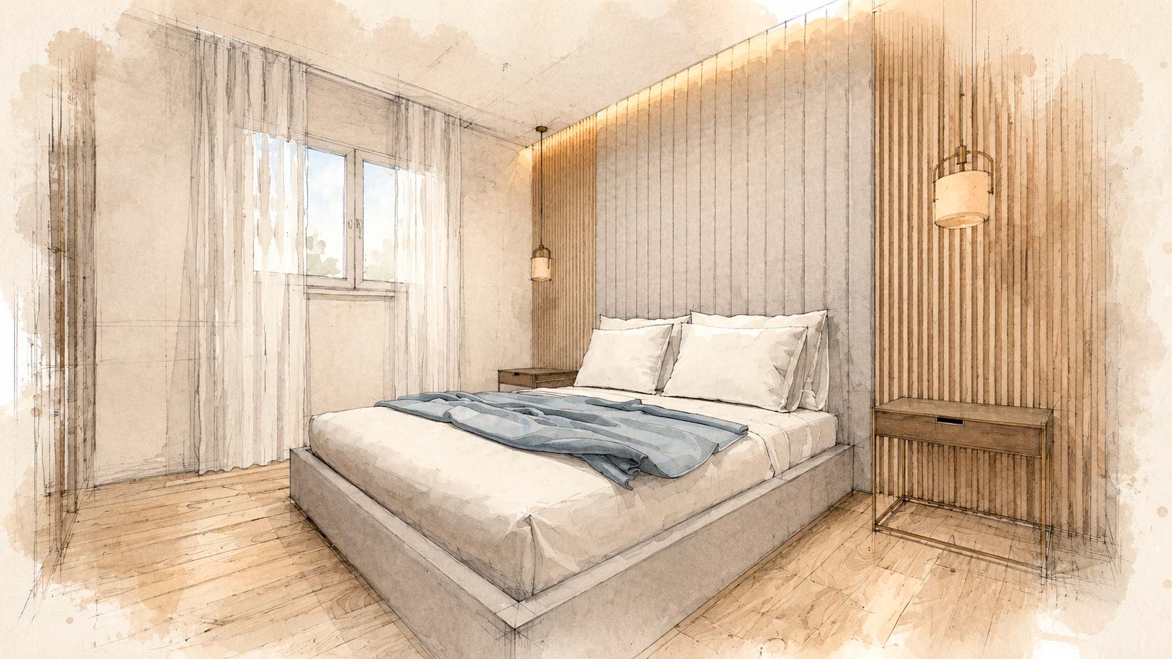Proyecto de interiorismo del dormitorio principal con cabecero e iluminación indirecta en ático dúplex de calle Orense, Madrid