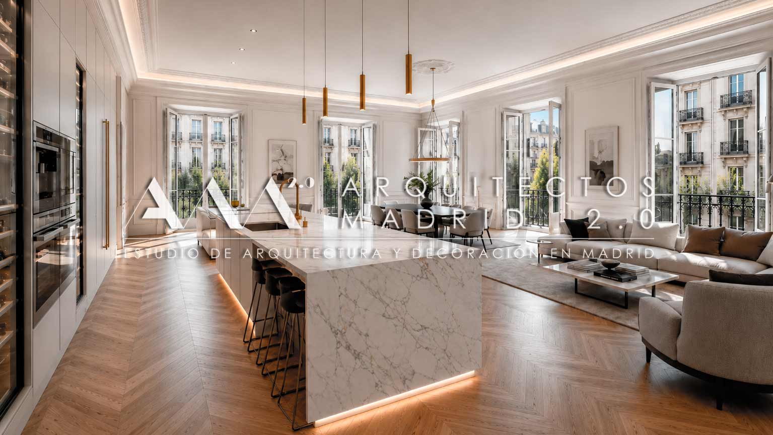 Interiorismo para reforma integral de piso en Madrid centro con arquitectura interior, luz natural y materiales cuidados