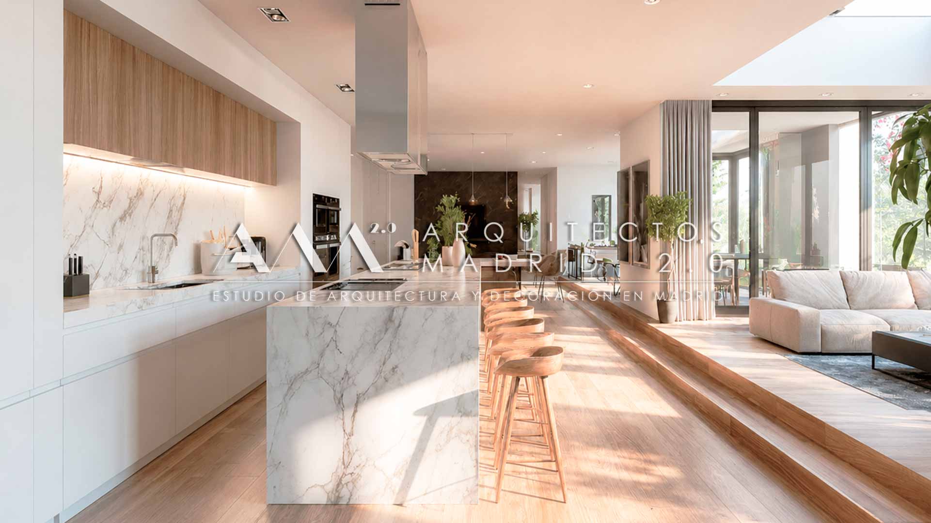 Interiorismo en reforma integral de vivienda en Madrid con salón elegante, iluminación cuidada y materiales de alta calidad