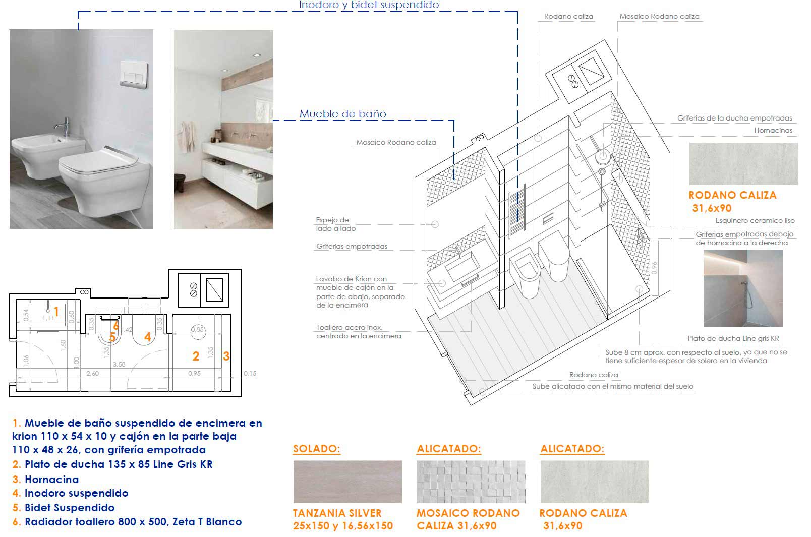 Plano de proyecto de baño con ducha, hornacina, grifería empotrada y sanitarios suspendidos en reforma integral de vivienda en Retiro