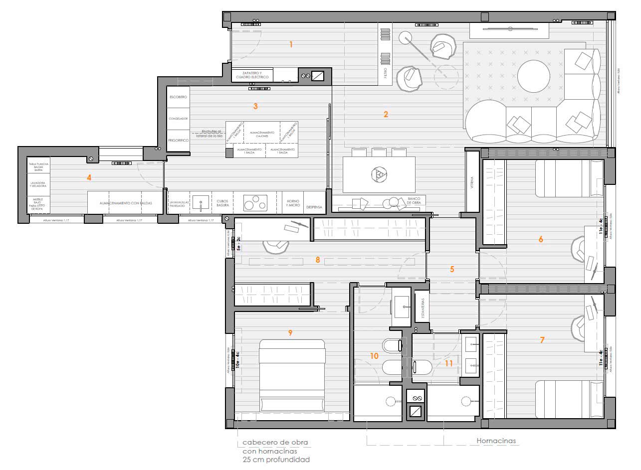 Plano de nueva distribución tras la reforma integral del piso de 140 m² en Retiro con tres dormitorios, despacho, vestidor, cocina y lavadero