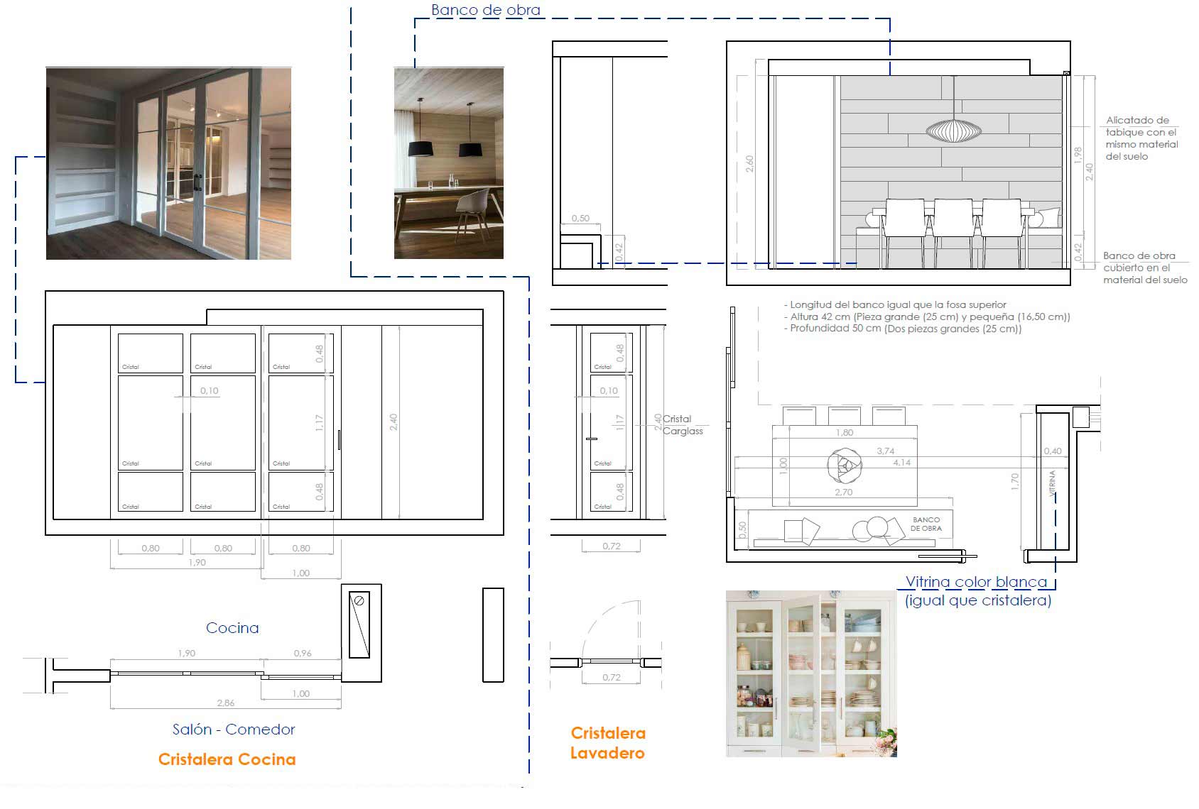 Plano de detalle de cristaleras de cocina y lavadero, banco corrido y vitrina del comedor en la reforma del piso de Retiro