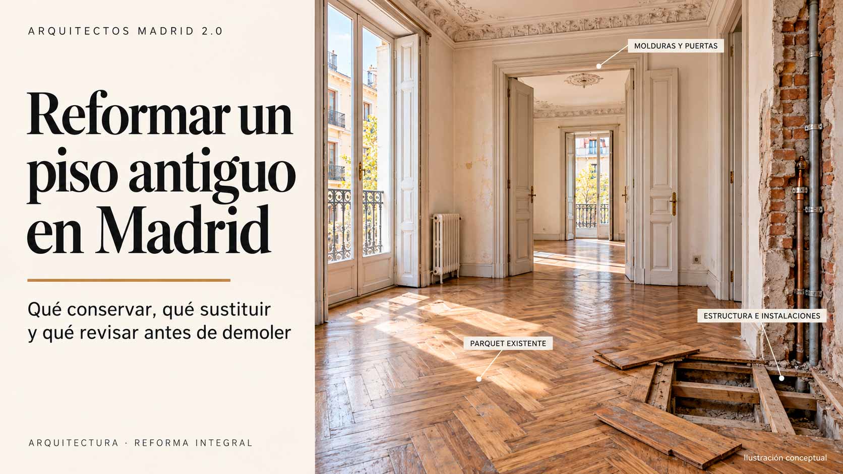 Ilustración de un piso antiguo en Madrid con molduras, parquet y detalles del suelo y las instalaciones antes de una reforma